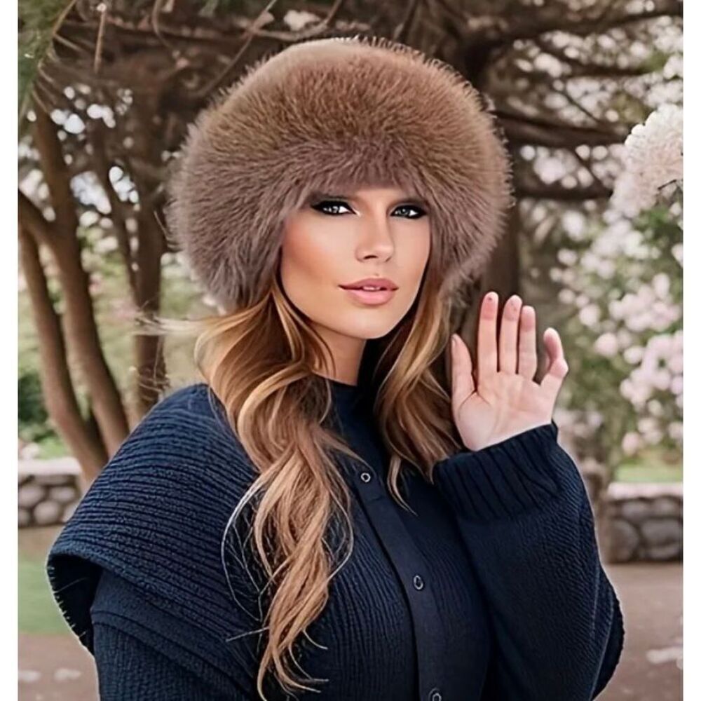 Brown Faux Fur Wide Brim Winter Hat-One Size